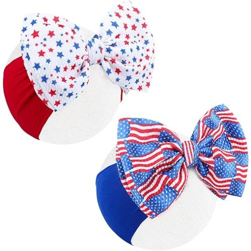 Hairband - 2Pcs 6 inches Baby Girl Bows Headbands with American Flag and Stars, One Size Fit All, Wonderful Gift for 4th of July, Baby Showers, Baby Gifts and Family Photography, Bright Color
