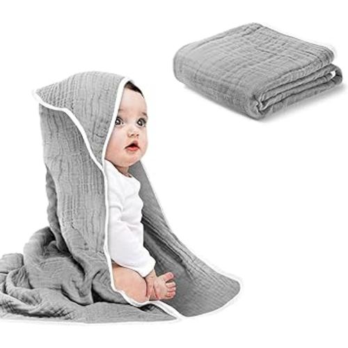 Baby Hooded Towels for Babies and Toddlers, Muslin Baby Bath Towel Soft and Absorbency for Boys (Grey 1 Pack)