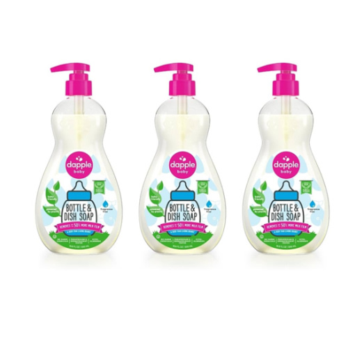 Dapple Baby Bottle Soap, Hypoallergenic Dish Soap for Baby Bottles, Powered by Plants, 1 Pump Included, Packaging May Vary, Fragrance Free, 16.9 Fl Oz (Pack of 3)