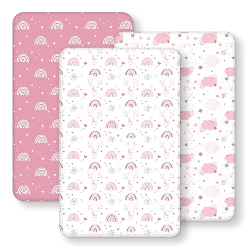 Baby Bedside Bassinet Sheets Fitted Girl, 33”x20” Compatible with Baby Delight Dream On Me & Most Rectangle Bedside Sleeper Bassinet Mattresses, Super Soft Microfiber Pink Rainbow