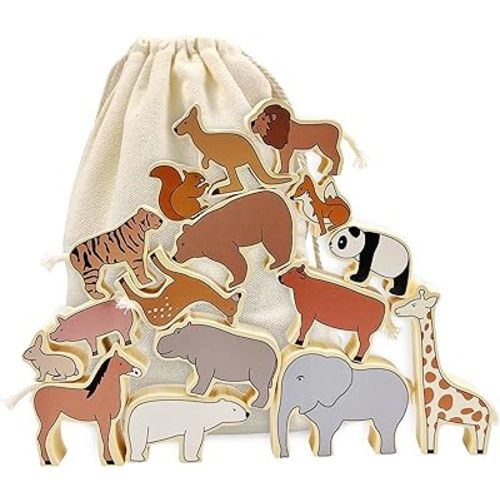 Xylolin Wooden Zoo Animal Blocks Stacking and Balancing Toy, Toddler Wood Animal Figures Blocks Imaginative Play, Preschool Educational Toys and Stack Balance Games for Kids