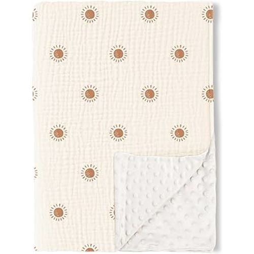 Konssy Baby Blankets for Unisex Boys Girls, Super Soft Nursery Minky Blankets with Muslin Cotton Front and Dotted Fleece Backing, Printed Bed Throws Newborn