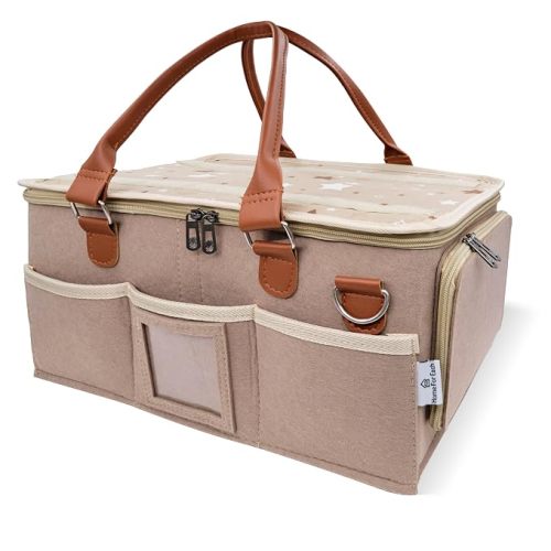 HOME FOR EACH Baby Diaper Caddy Organizer with Lid, Multiple Compartments Baby Caddy, Waterproof Diaper Tote Bag for Infants, Travel Baby Bag for Must Haves, Baby Gift Basket for Newborn Essentials