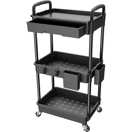 3 Tier Rolling Utility Cart with Drawer,REBECAT Utility Cart Made of Multifunctional Storage Organizer Tool for Kitchen,Bathroom,Living Room,Office(Black)