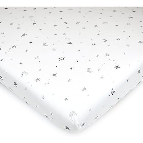 American Baby Company Fitted Mini Crib Sheet 24" x 38", Soft Breathable Neutral 100% Cotton Jersey Portable Sheet, Gray Stars and Moons, for Boys and Girls, Fits Most Pack N Play Mattresses