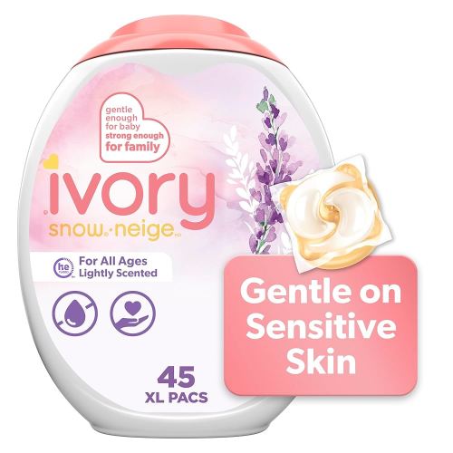Ivory Snow Laundry Detergent Pacs, For All Ages, Hypoallergenic, Lightly Scented for Sensitive Skin, Lavender, HE Compatible, 45 Count