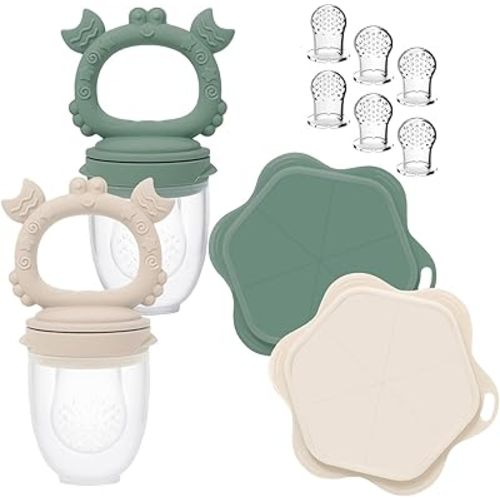 Ginbear Baby Fruit Food Feeder & Popsicle Molds Combo Set of 2 for Teething Relief with 6 Extra Pouches, Mesh Silicone Feeders for Babies 4 Months+ (Dark Sage + Ivory)