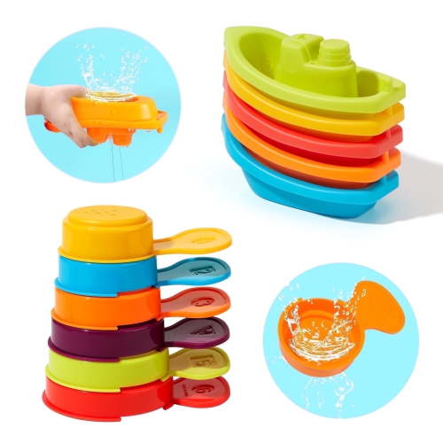 AMCHSURI 11PCS Mold-Free Baby Bath Toys for 1-3 Years and Infants - Stackable Boat Set with Spoons for Bathtub, Pool, Water Table - Educational Gift