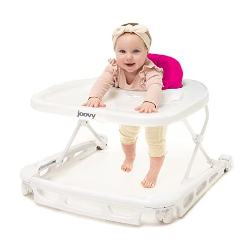 Joovy Spoon B Baby Walker & Activity Center Featuring Super-Sized Tray with Dishwasher-Safe Insert, Ultra-Wide Base, Three Adjustable Heights, and Rear-Wheel Parking Brake (Pink Crush)