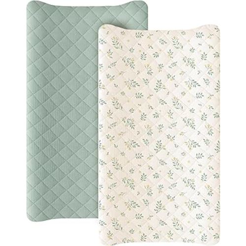 Konssy Waterproof Muslin Changing Pad Cover 2 Pack, Quilted Cotton Fitted Diaper Changing Table Cover, Soft Changing Pad Sheets for Girls Boys (Leafy,Green)