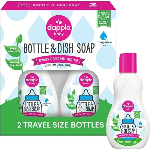Dapple Baby Fragrance-Free Baby Bottle & Dish Soap - (2 Pack) 3 fl oz - Plant-Powered Cleaner for Bottles, Pump Parts, and Sippy Cups - Travel Size