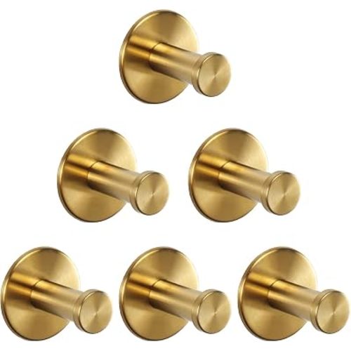 Bath Towel Hooks, 6 Pack Self Adhesive Coat Hooks, Sturdy No Drilling Robe Hook, SUS 304 Stainless Steel Heavy Duty Clothes Hanger, Wall Hooks for Bathroom Bedroom Kitchen (2 in, Gold)