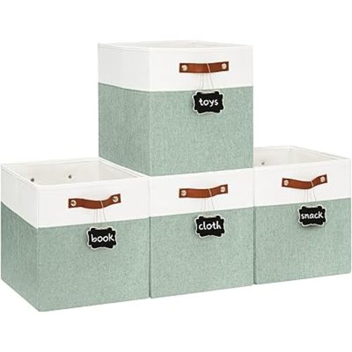 13x13 Cube Storage Bins, Collapsible Fabric Storage Baskets with Reinforced Bottom & Handles, for Shelves, Closets, Home Organization and Nursery (4Pack,White/Green)