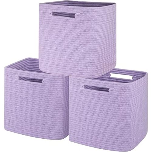 Storage Cubes - 11 Inch Cotton Rope Woven Baskets for Shelves, Organizing, Kids & Baby Nursery - Purple, 3 Pack