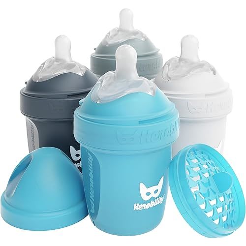 Herobility Double Anti-Colic Baby Bottles – 5 fl oz/140ml – 4-Pack – Multicolor – White, Gray, Iron Blue, Blue