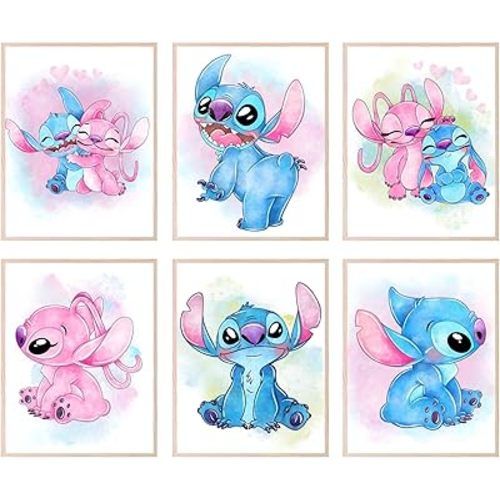BigWig Prints Lilo and Stitch Poster - Nursery Watercolor Art Prints, Stitch Room Decor For Girls, Pastel Nursery Artwork Set, Kids Wall Art, Posters For Girls Room - Unframed Set of 6 (8x10)
