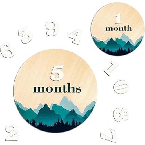 Baby Monthly Milestone, Wooden Baby Milestone Signs, Monthly Milestone Wood Discs, Baby Milestone Discs, Baby Photo Props Cards Interchangeable Number Set of 12 for Baby Growth Recording (Mountain)