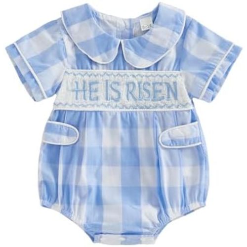Easter Outfit Baby Boy Letter Embroidery Doll Collar Short Sleeve Plaid Romper Jumpsuit Baby Boy Summer Clothes