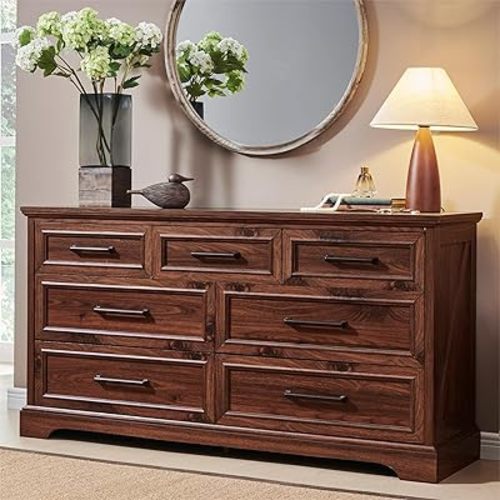 ACCOHOHO 7 Drawer Dresser, Farmhouse Chest of Drawers for Bedroom, 52" Wide Dresser TV Stand with Large Metal Handles, Wood Drawer Organizer for Living Room, Hallway - Brown