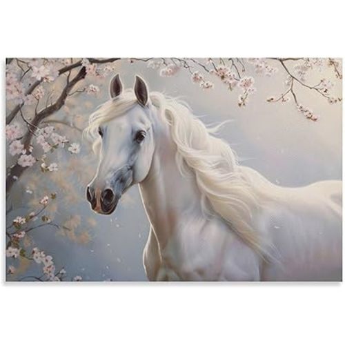 Cherry Blossom Elegant Animals White Horse Poster Print Canvas Wall Art Pictures Home Decor for Living Room Hallway Bathroom Office Wall Decor 12x18inch(30x45cm)