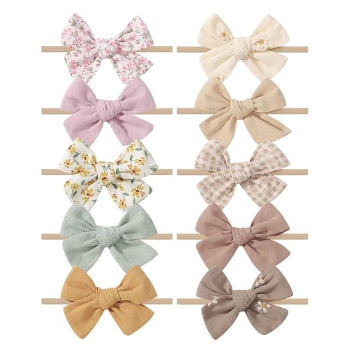doboi 10PCS Baby Girls Headbands Hair Bows Nylon Cotton Linen Hairbands Fine Handmade Hair Accessories for Newborn Infant Toddlers Little Girls-Embroidered Flower