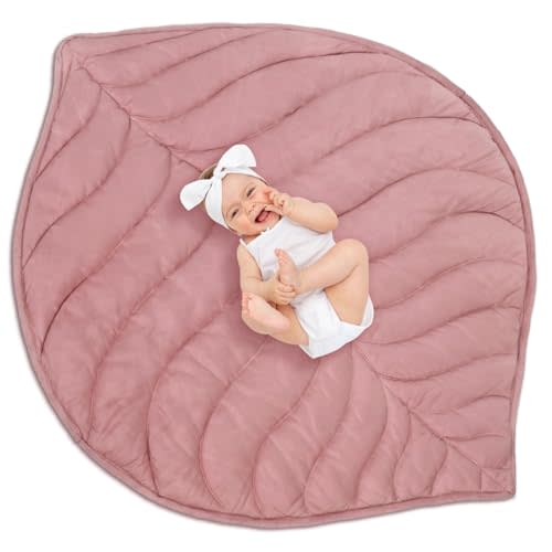 Funtery Baby Play Mat 56 x 42 Inch Cotton Crawling Cushion Cotton Nursery Rug Large Thick Soft Reversible Washable Folding Floor Playpen Mat Nursery Decor Rug for Girls Boys(Pink,Leaf)