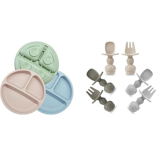 PandaEar Divided Unbreakable Silicone Baby and Toddler Plates & Baby Spoons and Fork Feeding Set