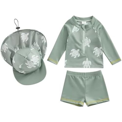 Baby Toddler Boys 3-Pieces Swimsuit Sets Long Sleeve Shark Bathing Suit Rash Guards Swimwear with Sun Hat UPF 50+
