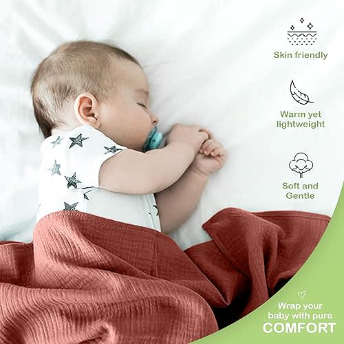 Organic Cotton Muslin Baby Blanket - 47x47 Inch Breathable Swaddle, Hypoallergenic Double-Layer, Versatile Use (Rust/Ivory)