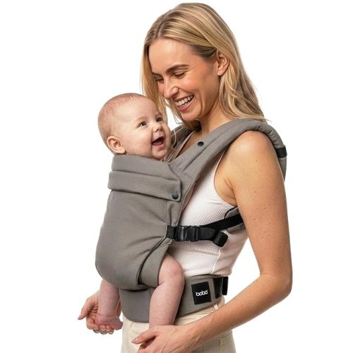 Boba Auri Baby Carrier Newborn to Toddler - 100% Cotton Premium Newborn Carrier, 3 Ergonomic Positions (Front in/Front Out/Back), “M”-Position Baby Carriers with Adjustable Seat (7-45 lbs) - Gray