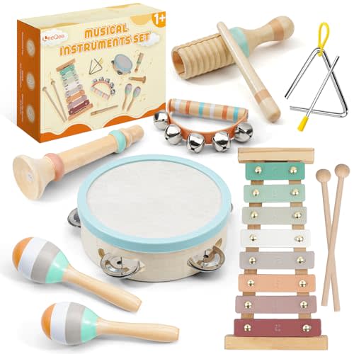 LeeQee Montessori Toys for 1 2 3 Year Old - Wooden Toys Baby Musical Instruments, Neutral Colors Percussion Instruments Set with Modern Boho Xylophone for Toddlers 3+ Music Education