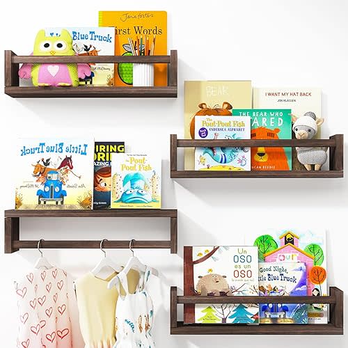Fixwal Nursery Book Shelves, 16.5 Inch Floating Bookshelves for Nursery Decor & Playroom Decor, Set of 4, Solid Wood Wall Mounted Shelves for Books, Toys and Decor Storage (Brown)