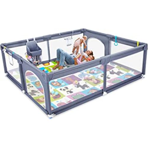 Baby Playpen 79”×71" with Floor Mat, Extra Large Play Pen for Babies and Toddlers, No Gap Baby Fence Area with Breathable Mesh, Safety Baby Gate Playpen