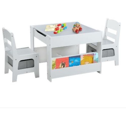 Kinder King Kids Wood Table & 2 Chairs Set, 4 in 1 Children Activity Table w/Double Bookcase, Blackboard, Toddler Furniture Set, Grey