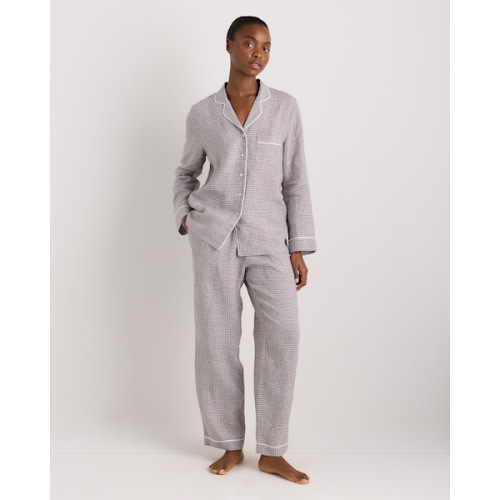 100% European Linen Long Sleeve Pajama Set with Piping in Taupe Brown Gingham