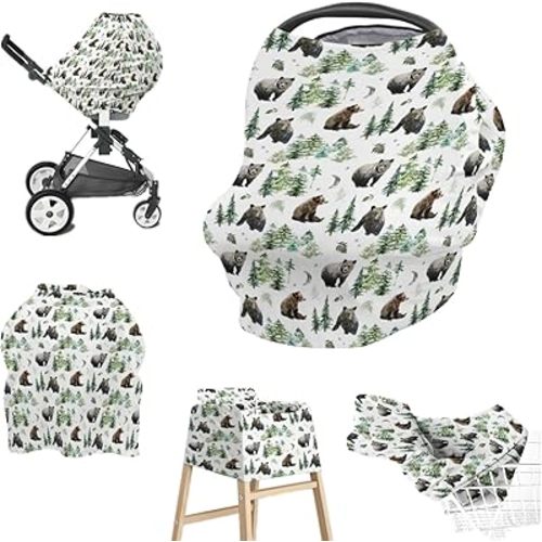 Baby Boy Girl 5-in-1 Car Seat Covers Woodland Animal Bear, Wild Forest Woods Pine Tree Multi-use Privacy Nursing Breastfeeding Cover, Carseat Canopy Carrier Newborn Infant Shower Gift
