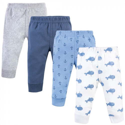 Hudson Baby Infant and Toddler Boy Cotton Pants 4pk, Blue Whales, 3-6 Months