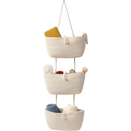 TeoKJ Over the Door Hanging Baskets with Button Strap, 3-Tier Woven Cotton Storage Organizer Bag, Wall-Mounted with Hook Decorative Hanging Kitchen Baskets - White