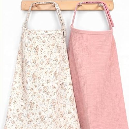 2 Pack Muslin Nursing Cover - Lightweight Breathable Breastfeeding Cover - Soft Stretchy Unisex Nursing Apron Cover for Outdoor Public Breastfeeding Protection - Dusty Pink & Floral
