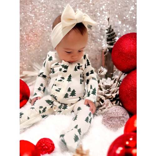 Organic Waffle Ruffle Zip Footie, Forest Green Trees