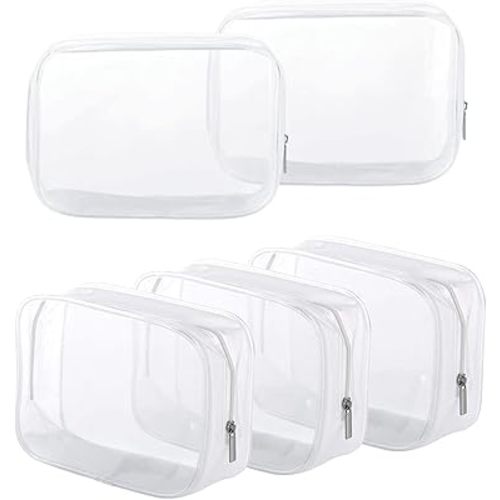5 Pack Clear Plastic Zippered Toiletry Carry Pouch TSA Approved Toiletry Bag Portable Cosmetic Makeup Bag for Vacation, Bathroom and Organizing (White, Small)