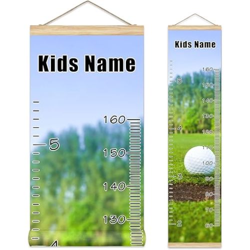 FCZ Personalized Kids Name Growth Chart Ruler for Wall for Boys Girls Wood Frame Height Measure Chart 13.4x56 in Linen Hanging Height Growth Chart Golf Course Kids Room Decor