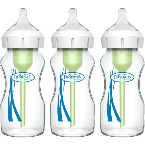 Dr. Brown's Natural Flow Anti-Colic Options+ Wide-Neck Glass Baby Bottles 9 oz/270 mL, with Level 1 Slow Flow Nipple, 3 Pack, 0m+