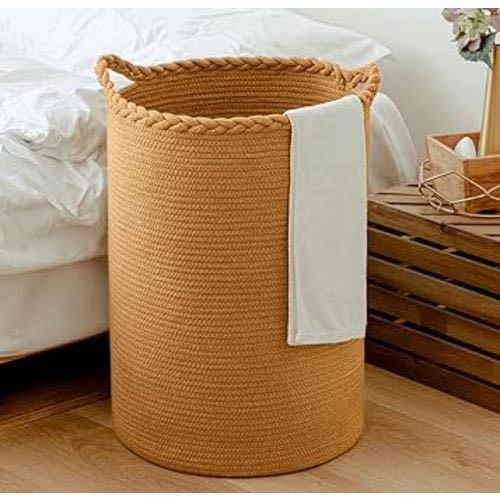 58L Cotton Woven Laundry Hamper,Foldable Laundry Basket for Blankets,Pillows,Toys,Shoes Tall CLothes Hamper Laundry Bin Light Brown 20''H 15''D