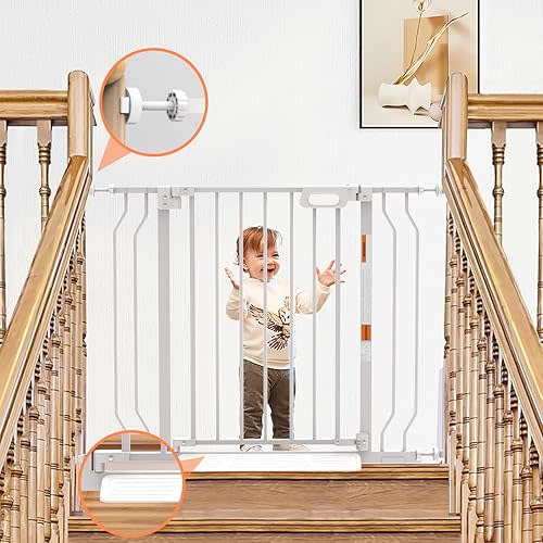 Mom's Choice-GROWNSY Baby Gate for Stairs, 29.5"-48.4" Pressure Mounted Baby Gate for Top of Stair&Doorway with V-Shaped Rods, Anti-Trip Pedal, Extra Wide Stairs Dog Gate Easy Install w/Red Reminder
