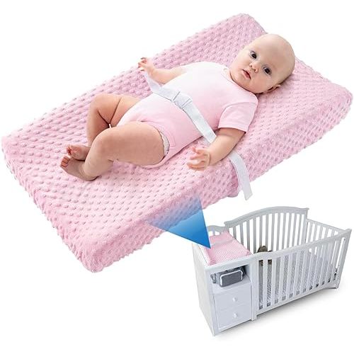 Compact Small Changing Pad with Cover - 27" X 16" Contoured Baby Diaper Changing Pad for Combo Crib with Changing Table-Waterproof & Hypoallergenic, Safety Strap with Quick-Release Buckle-Pink