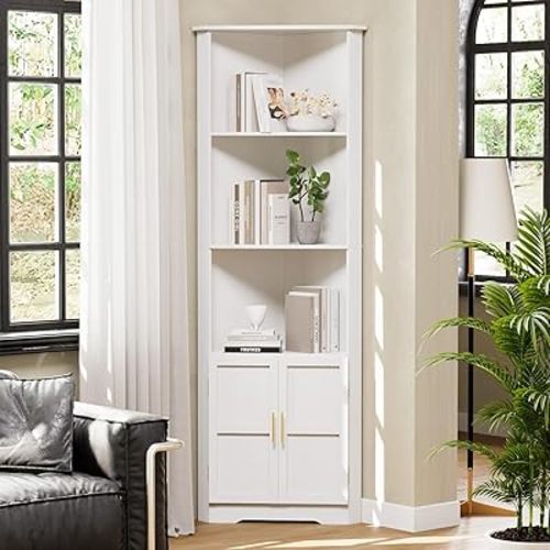 67'' Tall Corner Cabinet with 2 Doors and Storage Shelves,Modern Storage Cabinet with Barn Door Design, Home Space Saver for Living Room, Kitchen, Bathroom, Laundry Room, White