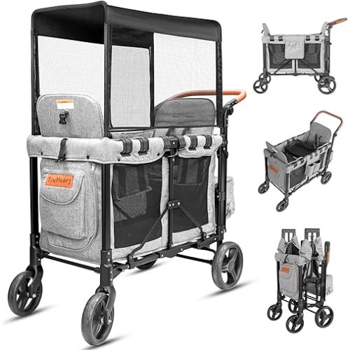 JML002 Wagon Stroller for 2 Kids - Double Seater Push Stroller with Canopy | Collapsible Foldable Wagon for Kids Toddlers & Infants with Removable Seat Pads,Grey