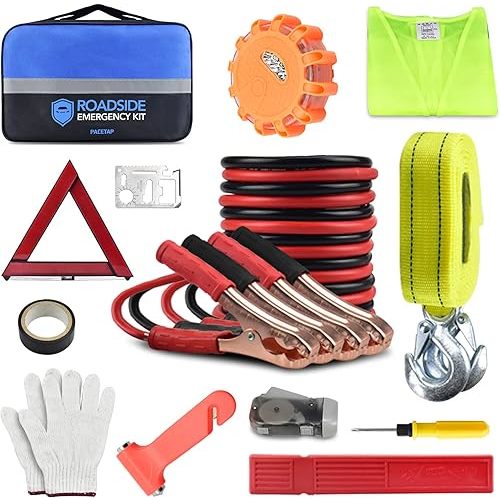 PACETAP Car Roadside Emergency Kit, Essential Auto Safety Road Side Assistance Tool Kit with Jumper Cables, Towing Rope, Triangle and More Winter Vehicle Accessories
