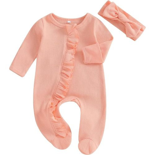 aporake Newborn Girl Clothes Baby Girl Coming Home Outfit Zipper One-piece Outfits Ruffle Footie Bodysuit Jumpsuit Headband
